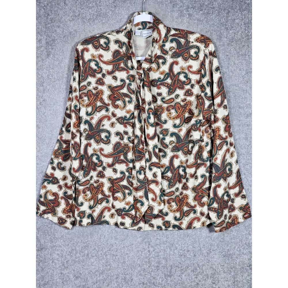 Vintage Applause III Top Womens Size‎ 14 Paisley Attached Neck Tie Button Up USA